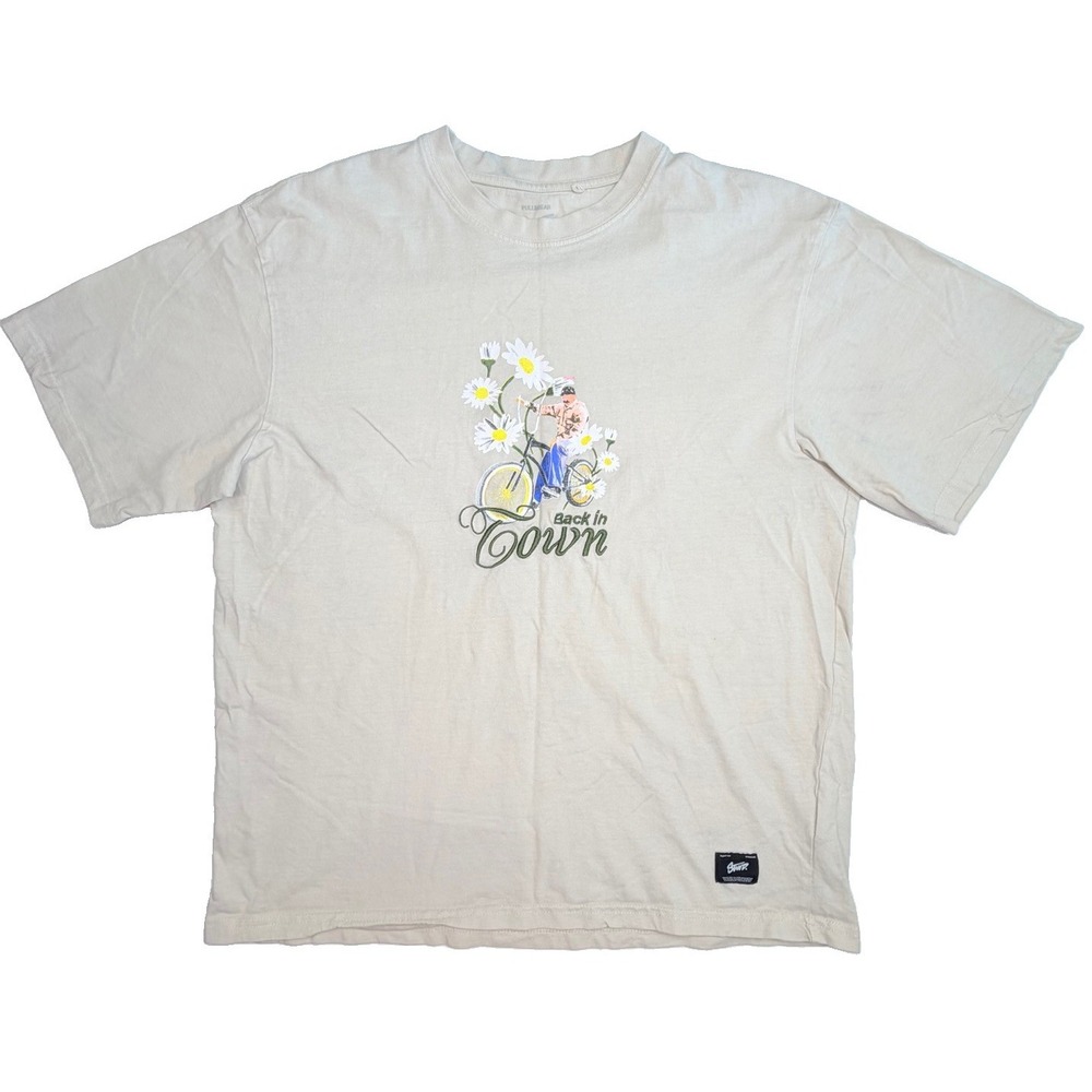 Pull&Bear STWD Back in Town Bicycle Daisy Graphic T-Shirt Men's Medium Beige